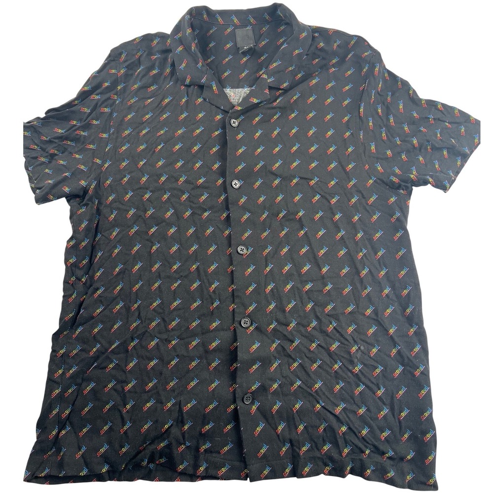 HM Mens Proud Rainbow Script Button‎ Down Shirt Black Viscose Camp Collar Medium